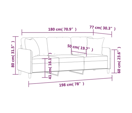 Sofá de 3 plazas con almohadas y cojines tela gris claro 180 cm