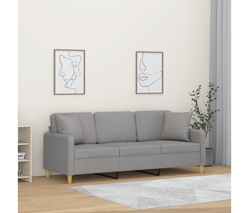 Sofá de 3 plazas con almohadas y cojines tela gris claro 180 cm