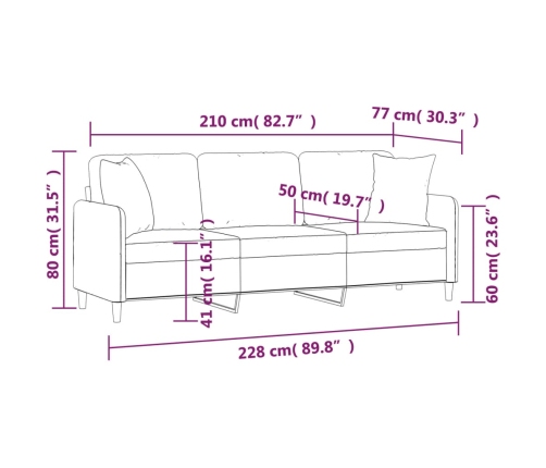 Sofá de 3 plazas con almohadas y cojines tela gris claro 210 cm