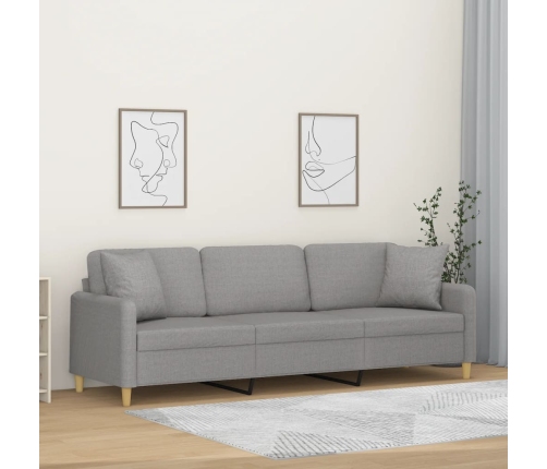 Sofá de 3 plazas con almohadas y cojines tela gris claro 210 cm