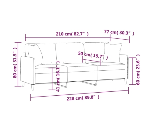 vidaXL Sofá 3 plazas con almohadas y cojines tela gris oscuro 210 cm