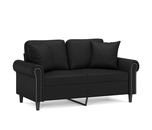 Sofá 2 plazas almohadas y cojines cuero sintético negro 120 cm