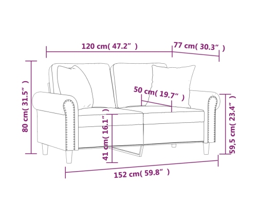 Sofá 2 plazas almohadas y cojines cuero sintético negro 120 cm