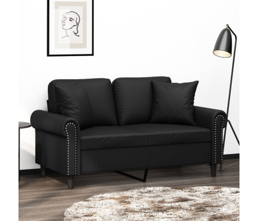 Sofá 2 plazas almohadas y cojines cuero sintético negro 120 cm