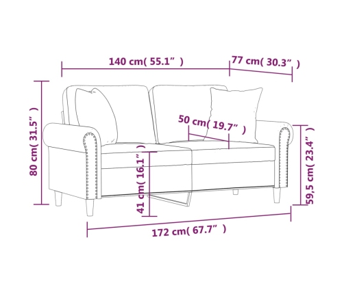 vidaXL Sofá 2 plazas almohadas y cojines terciopelo gris oscuro 140 cm