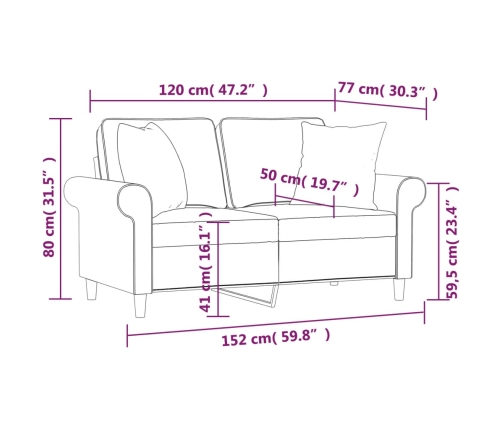 Sofá de 2 plazas con almohadas y cojines tela gris claro 120 cm