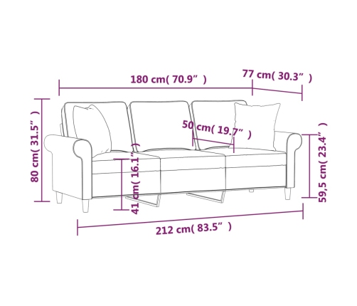 Sofá de 3 plazas con almohadas y cojines tela gris claro 180 cm