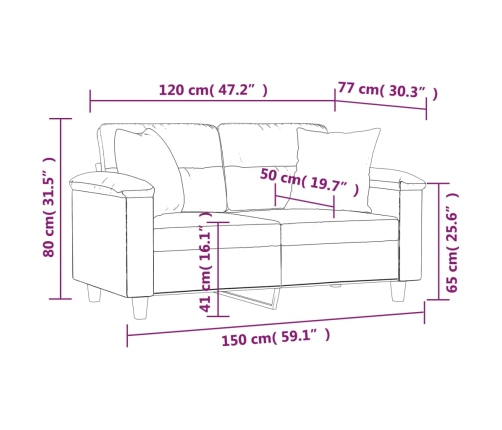 Sofá 2 plazas almohadas y cojines microfibra gris claro 120 cm