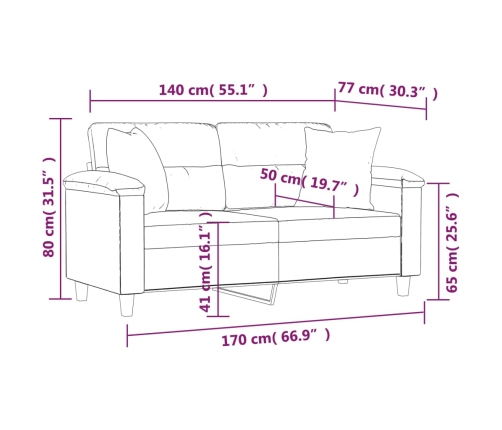 vidaXL Sofá 2 plazas almohadas y cojines microfibra gris claro 140 cm