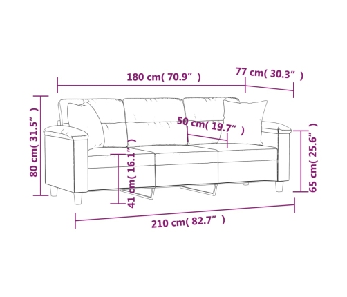 Sofá 3 plazas almohadas y cojines microfibra gris claro 180 cm