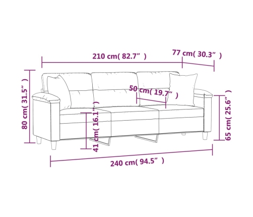 Sofá 3 plazas almohadas y cojines microfibra gris claro 210 cm