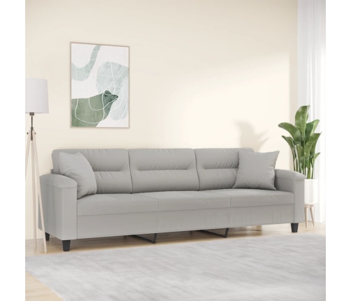 Sofá 3 plazas almohadas y cojines microfibra gris claro 210 cm