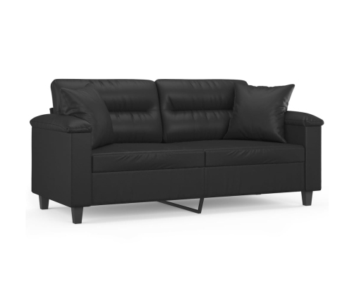 Sofá 2 plazas almohadas y cojines cuero sintético negro 140 cm