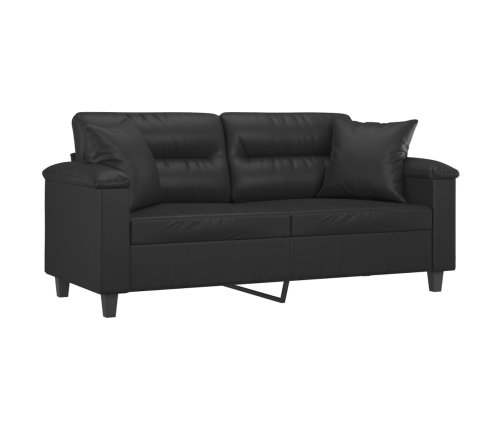 Sofá 2 plazas almohadas y cojines cuero sintético negro 140 cm