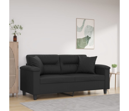 Sofá 2 plazas almohadas y cojines cuero sintético negro 140 cm