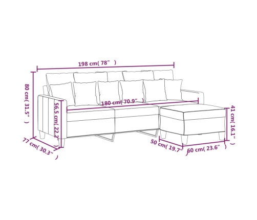 vidaXL Sofá de 3 plazas con taburete de tela gris claro 180 cm