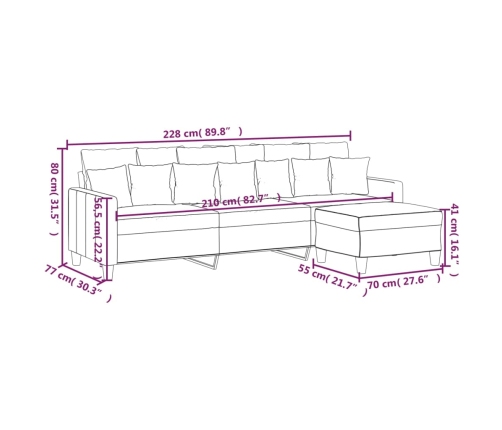 vidaXL Sofá de 3 plazas con taburete de tela gris claro 210 cm