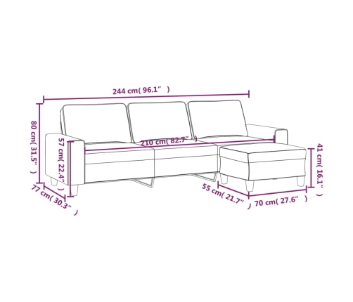 Sofá de 3 plazas y taburete tela microfibra gris claro 210 cm