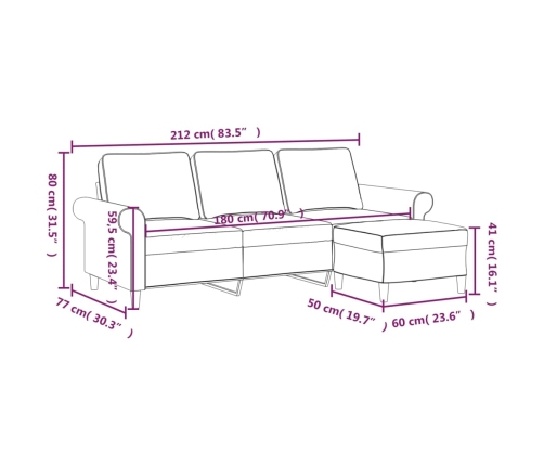 Sofá de 3 plazas con taburete de tela gris claro 180 cm