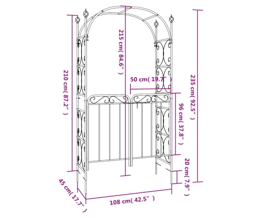 Arco de jardín con puerta acero negro 108x45x235 cm