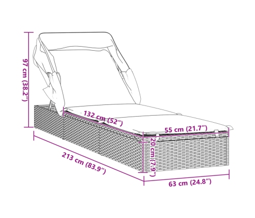 Tumbona con toldo plegable ratán sintético marrón 213x63x97cm