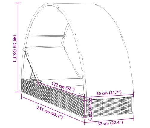 Tumbona con toldo redondo ratán sintético marrón 211x57x140cm