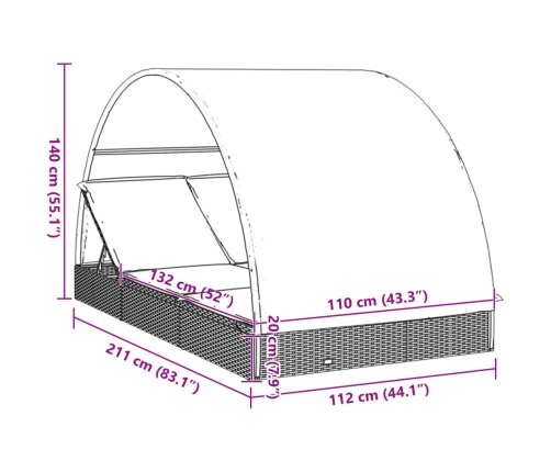 Tumbona 2 personas toldo redondo ratán PE negro 211x112x140 cm