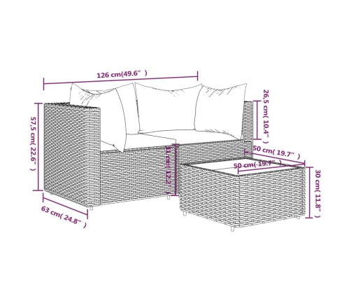 Set de muebles de jardín 3 pzas y cojines ratán sintético negro