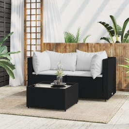 Set de muebles de jardín 3 pzas y cojines ratán sintético negro