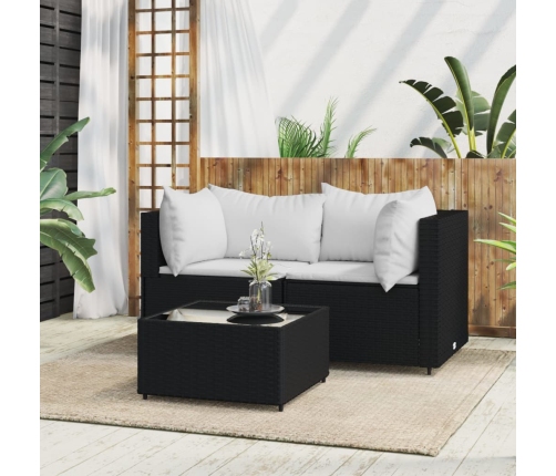 Set de muebles de jardín 3 pzas y cojines ratán sintético negro