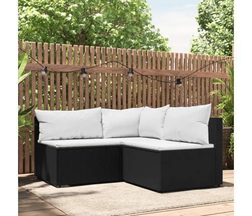 Set de muebles de jardín 3 pzas y cojines ratán sintético negro