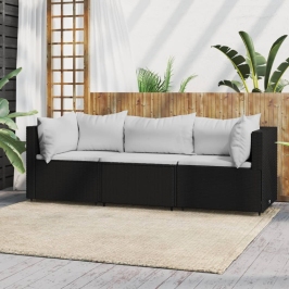 Set de muebles de jardín 3 pzas y cojines ratán sintético negro