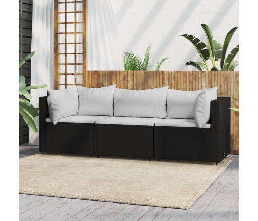 Set de muebles de jardín 3 pzas y cojines ratán sintético negro