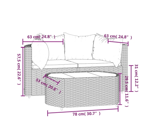 Set de muebles de jardín 3 pzas y cojines ratán sintético negro