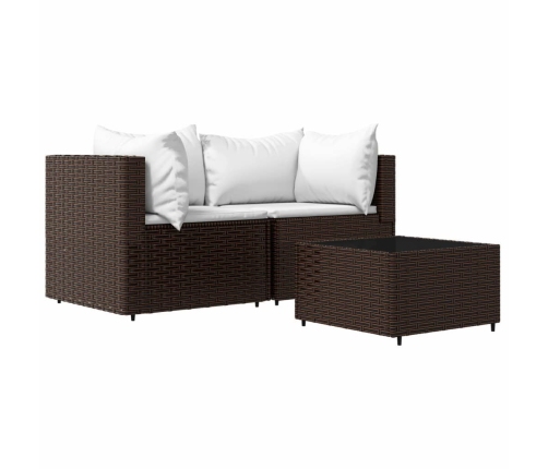 Set muebles de jardín 3 piezas y cojines ratán sintético marrón