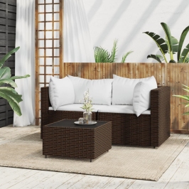 Set muebles de jardín 3 piezas y cojines ratán sintético marrón