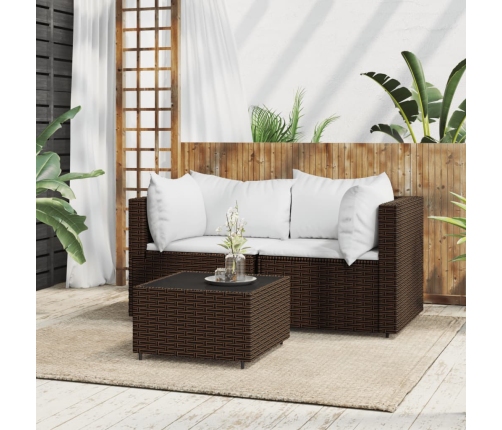 Set muebles de jardín 3 piezas y cojines ratán sintético marrón