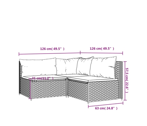 Set muebles de jardín 3 piezas y cojines ratán sintético marrón