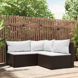 Set muebles de jardín 3 piezas y cojines ratán sintético marrón