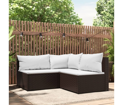 Set muebles de jardín 3 piezas y cojines ratán sintético marrón