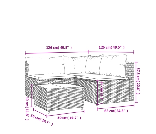 Set muebles de jardín 4 piezas y cojines ratán sintético marrón