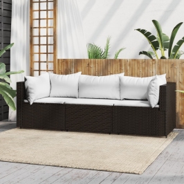 Set muebles de jardín 3 piezas y cojines ratán sintético marrón