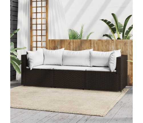 Set muebles de jardín 3 piezas y cojines ratán sintético marrón