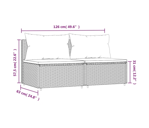 Sofás centrales jardín con cojines 2 uds ratán sintético marrón
