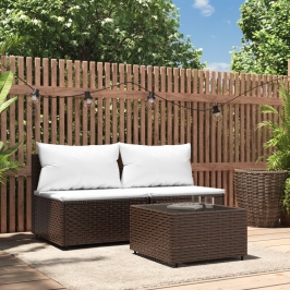 Set muebles de jardín 3 piezas y cojines ratán sintético marrón