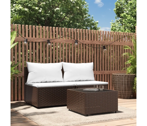 Set muebles de jardín 3 piezas y cojines ratán sintético marrón