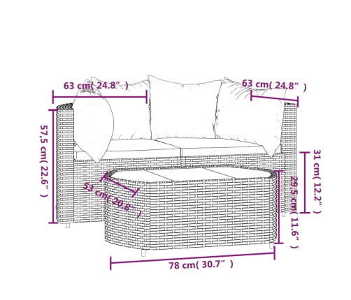 Set muebles de jardín 3 piezas y cojines ratán sintético marrón