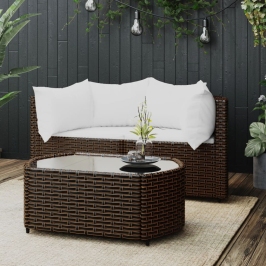 Set muebles de jardín 3 piezas y cojines ratán sintético marrón