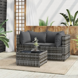 Set de muebles de jardín 3 pzas y cojines ratán sintético gris