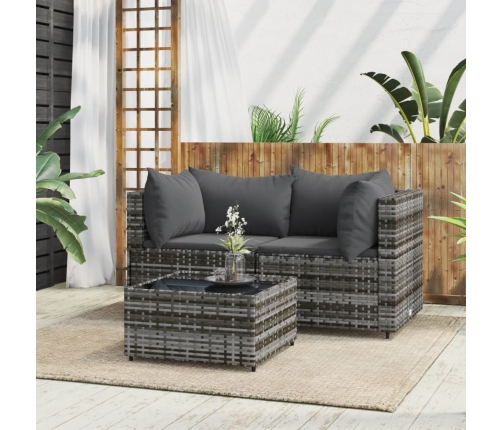 Set de muebles de jardín 3 pzas y cojines ratán sintético gris